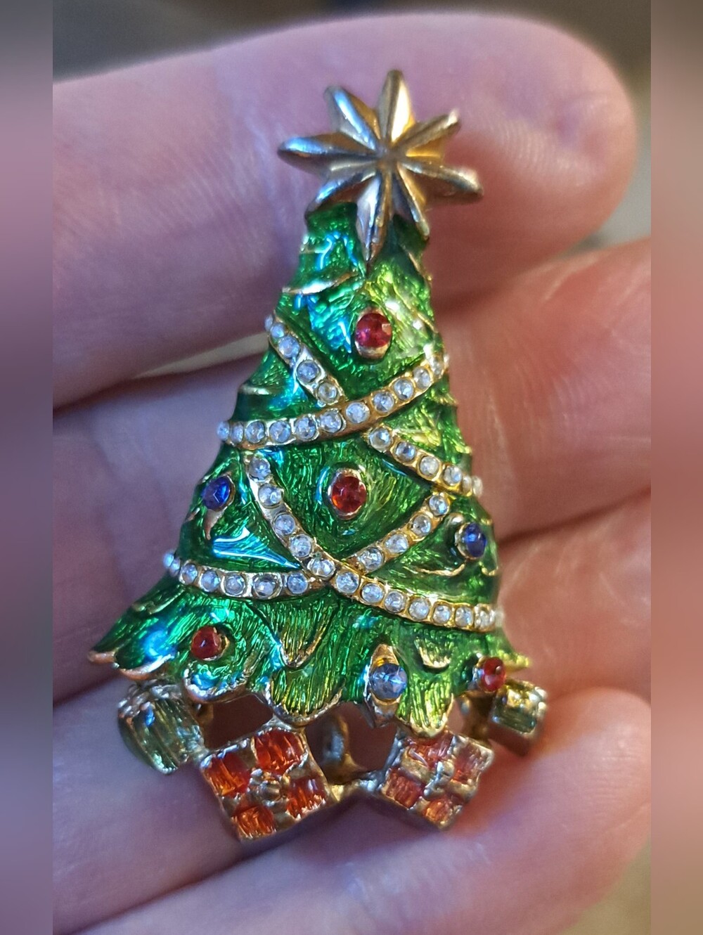 Vintage Jeweled & Enameled Christopher Radko Christmas Tree Pin Brooch